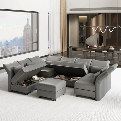 U Shaped Leather Sectional Couch with Storage for Living Room