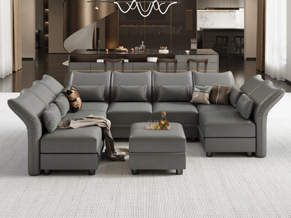 U Shaped Leather Sectional Couch with Storage for Living Room