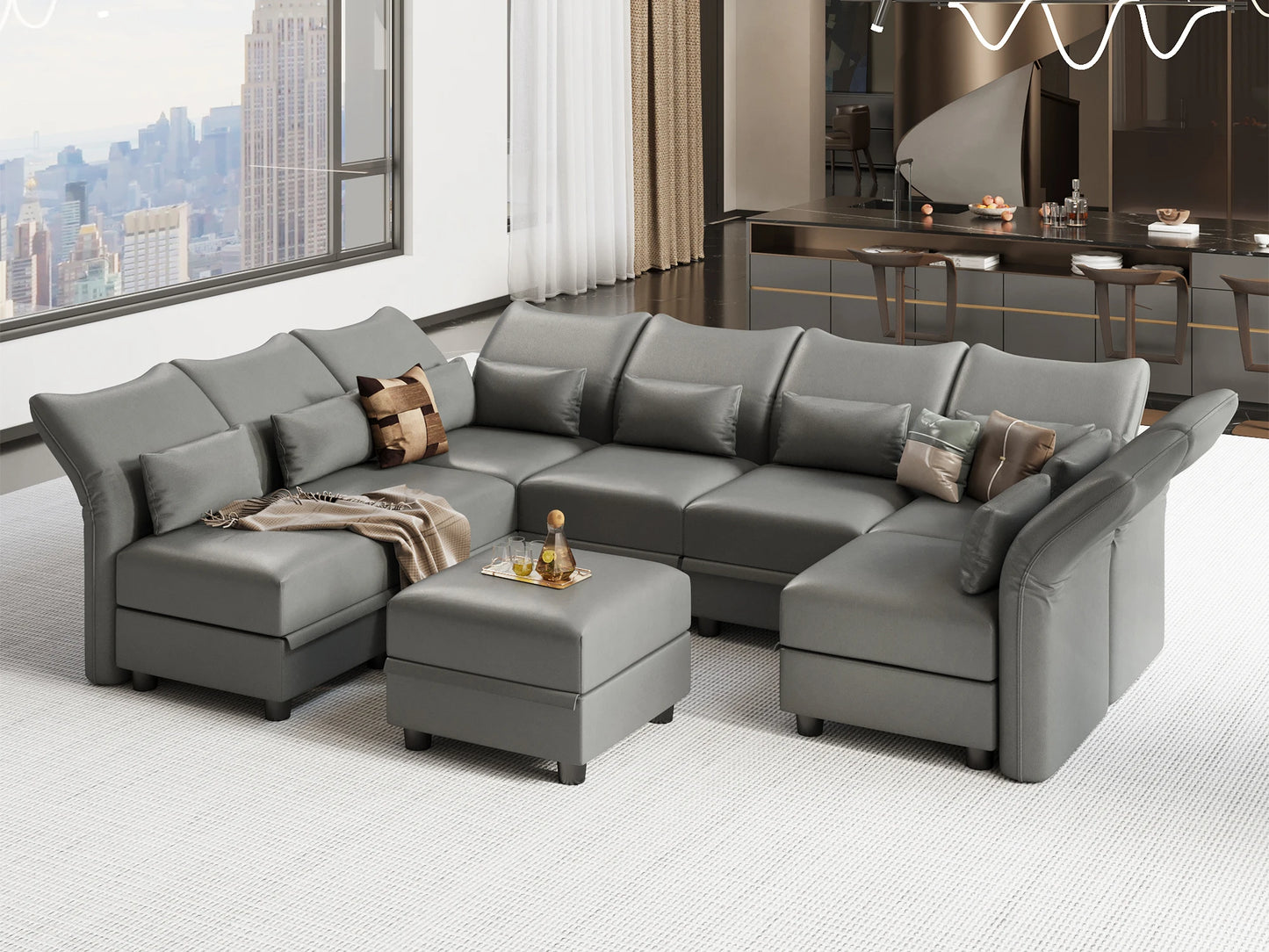 U Shaped Leather Sectional Couch with Storage for Living Room