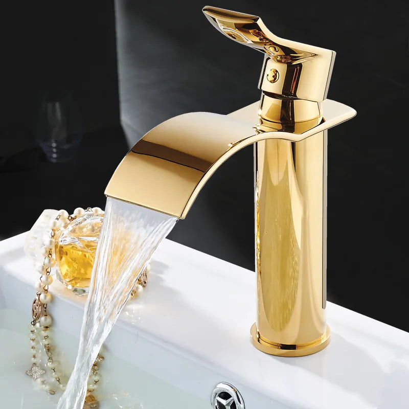 Gold and White Waterfall Brass Bathroom Faucet