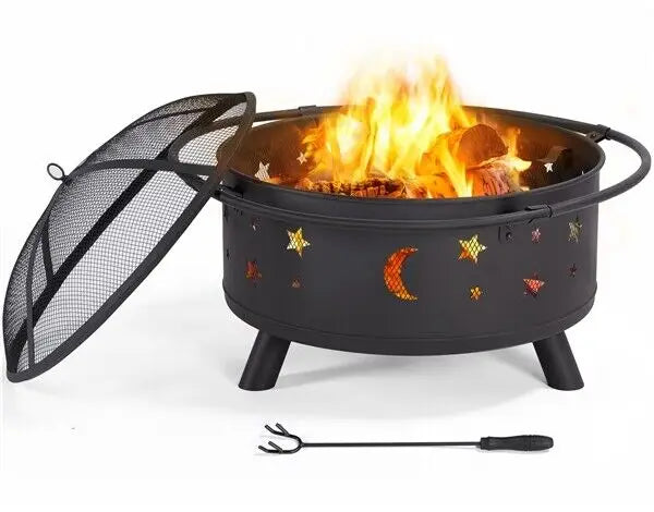 30in Wood Burning Fire Pit Stars & Moons Fire Bowl with Poker Mesh