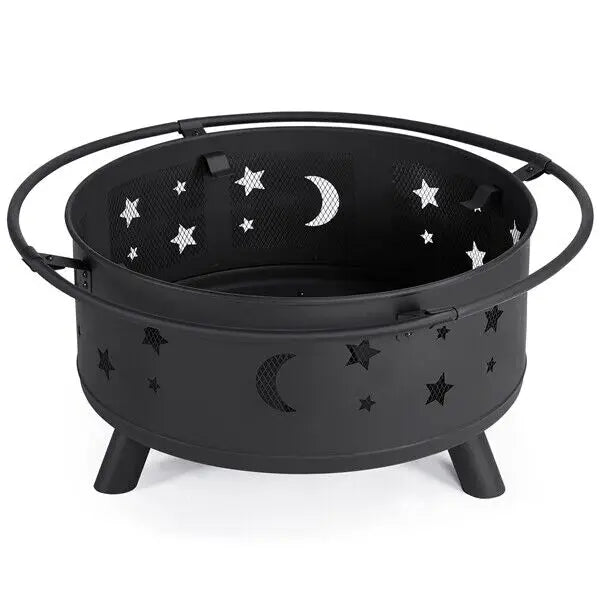 30in Wood Burning Fire Pit Stars & Moons Fire Bowl with Poker Mesh