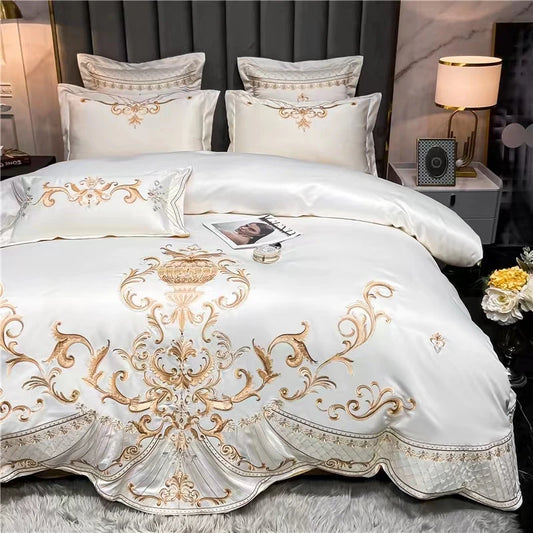 New Luxury Silk Cotton 4 Pcs Embroidered Home Textile Bedding Set