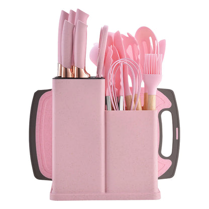 19-Piece Silicone Kitchenware Set with Wooden Handles