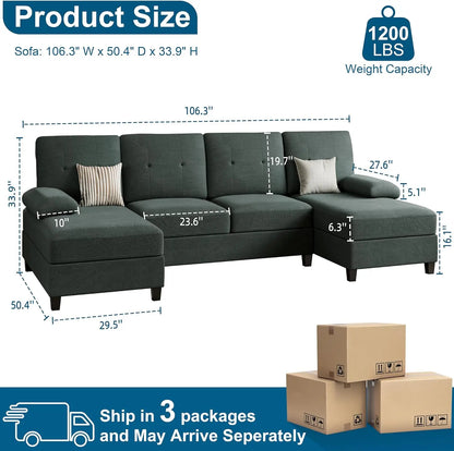 106" Sectional Sofa Couches for Living Room, 4 Seat U-Shaped Sofa Couch