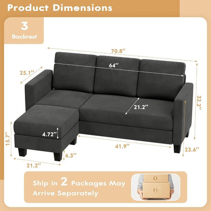 3 Seat L-Shaped Convertible Sectional Sofa, with Linen Fabric