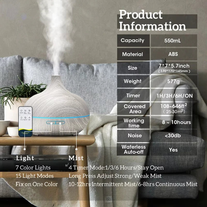 500ml Ultrasonic Oil Diffuser – LED Lights & Remote Control