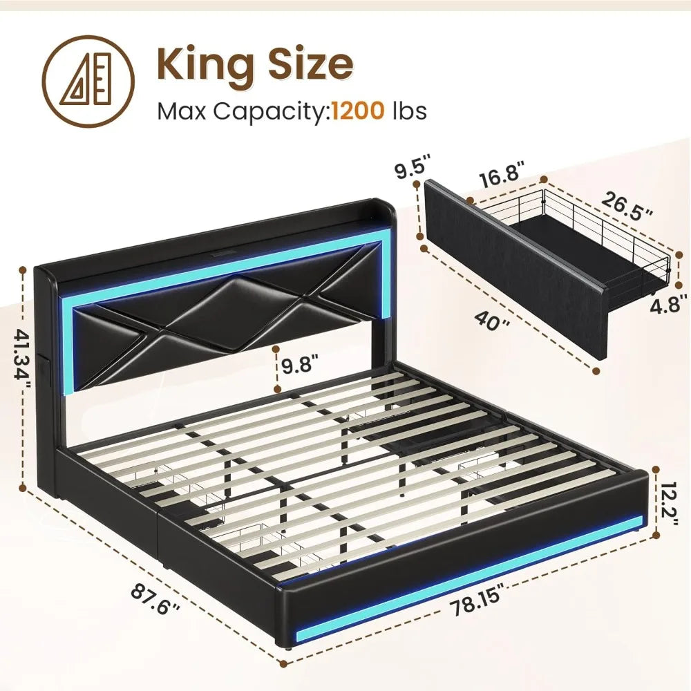 King Size Faux Leather Platform Bed with USB-C Charging Station