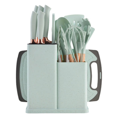 19-Piece Silicone Kitchenware Set with Wooden Handles