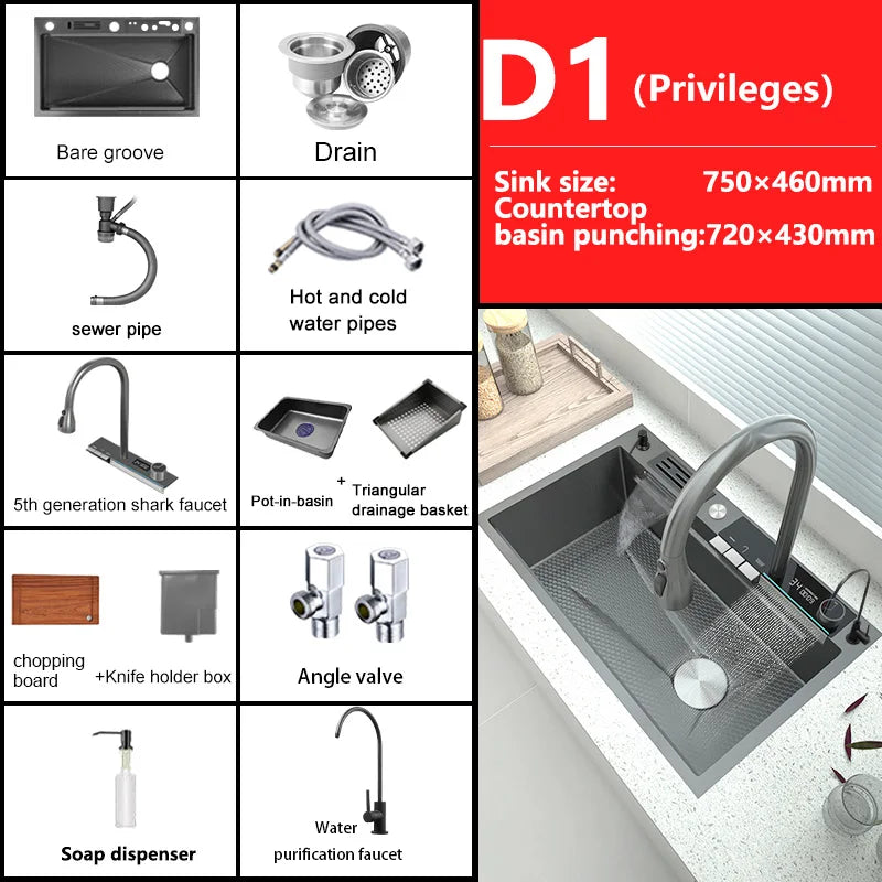 Waterfall Elegance Digital Kitchen Sink