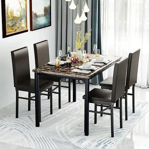 Marble Elegance 5-Piece Dining Kitchen Table Ensemble